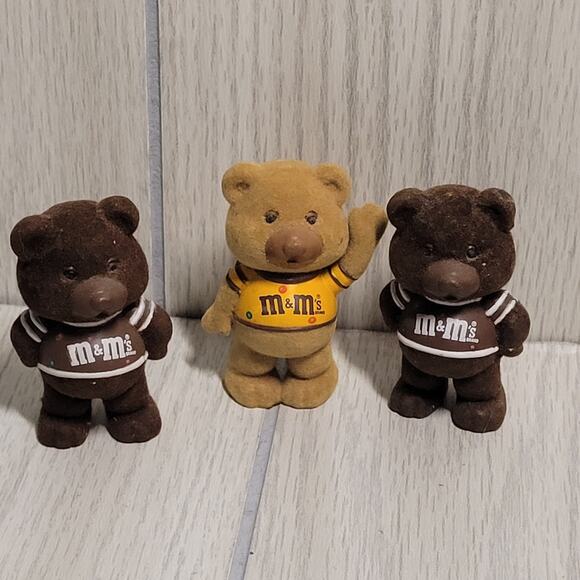 Vintage 1987 M&M Mini Flocked Bear Minis Plain & Peanut Lot Of 3 - Picture 1 of 5